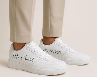 Personalized Groom Wedding Shoes – Custom Leather Sneakers with Name & Wedding Date