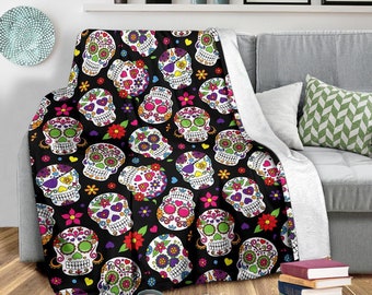 Personalized Skull Fleece Throw Blanket: Vibrant Sugar Skull Design