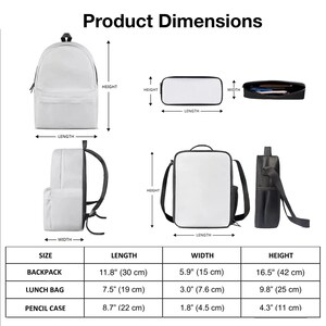 The image is a product dimensions chart that provides the measurements of a backpack, lunch bag, pencil case, and other items.