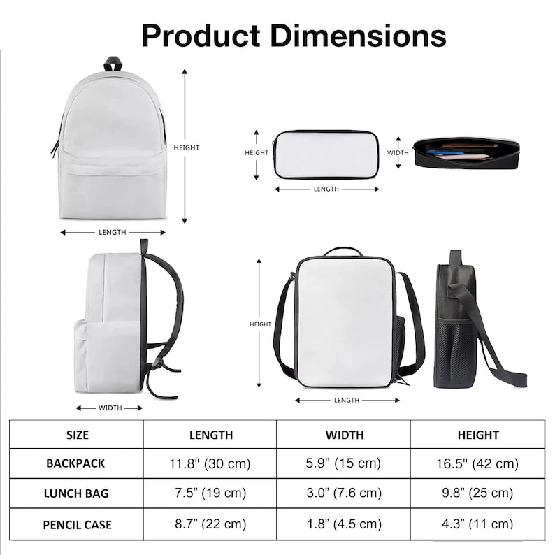 The image is a product dimensions chart that provides the measurements of a backpack, lunch bag, pencil case, and other items.
