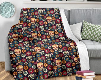 Personalized Skull Fleece Throw Blanket: Vibrant Floral Sugar Skulls