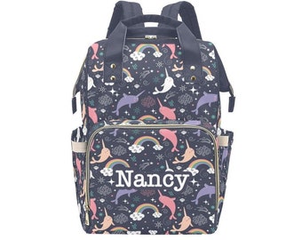 Personalized Narwhal Diaper Bag Backpack, Custom Name Diaper Bag Backpack, Baby Shower Gift