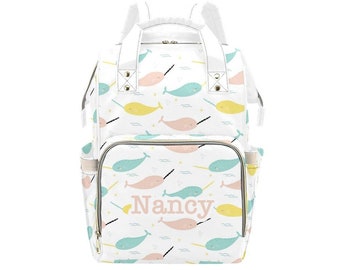 Personalized Narwhal Diaper Bag Backpack, Custom Name Diaper Bag Backpack, Baby Shower Gift