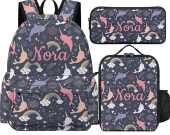 Personalized Narwhal Backpack Set: Custom Narwhal School Bag, Lunch Bag & Pencil Case