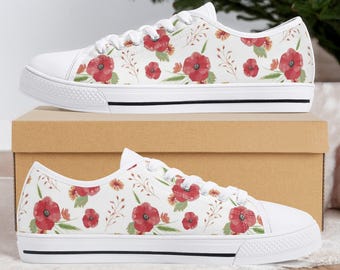 Canvassneakers met klaproosprint: lage schoenen met bloemen