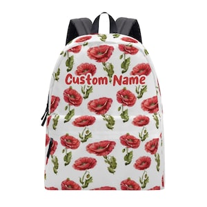 Sac à dos coquelicot personnalisé - Sac d'école pour enfants avec prénom personnalisé, joli sac à dos fleuri