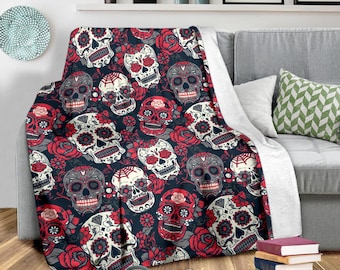 Personalized Sugar Skull Fleece Throw Blanket: Vibrant Floral Design