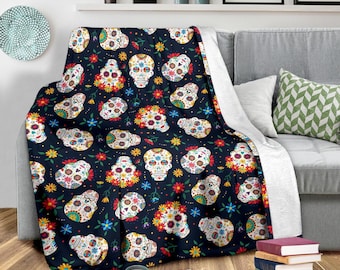 Personalized Skull Fleece Throw Blanket: Vibrant Sugar Skull Design