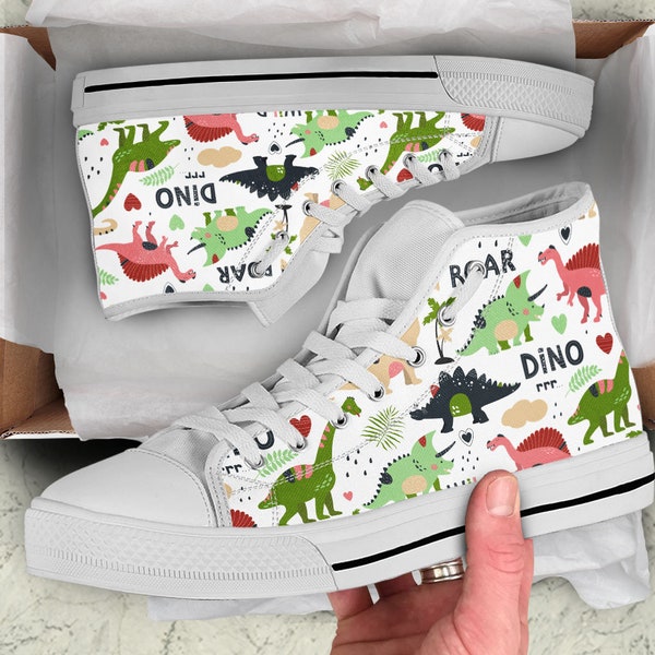 Chaussures hautes de dinosaure, baskets de dinosaure, chaussures hautes de femmes de dinosaure, chaussures hautes d'enfant de dinosaure, chaussures hautes avec dinosaure