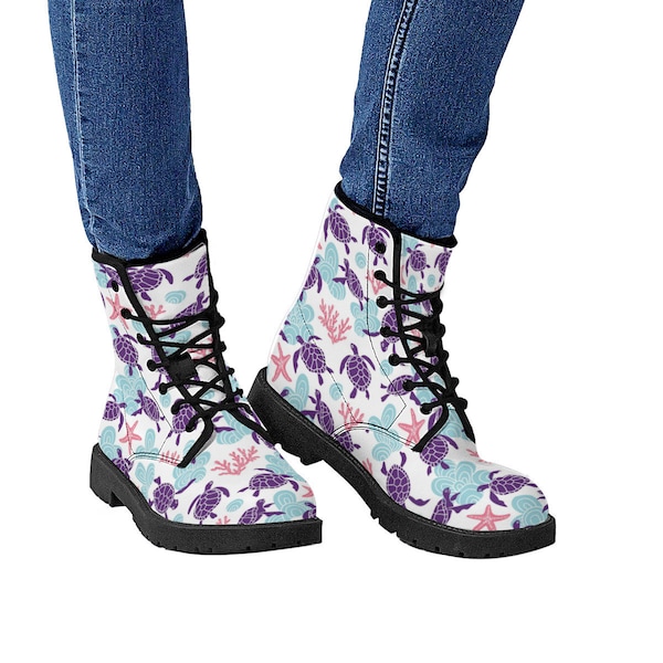 Blue Hawaiian Shark Sea Turtle Pattern Print Men Women Leather Boots