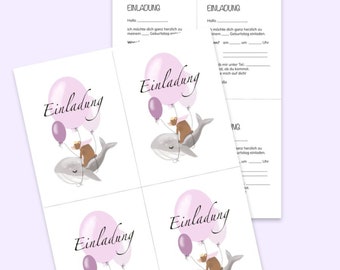 Einladungskarten Wal und Bär / Kindergeburtstag / Postkarte zum Ausdrucken / digialer Download