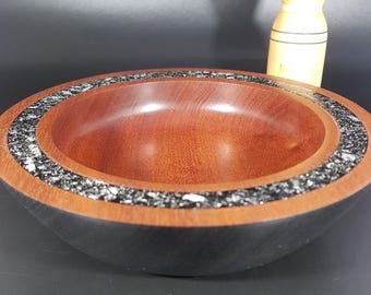 Decorative oak hand crafted bowl (ebonised outer and resin inlay on top rim)FREE bud vase
