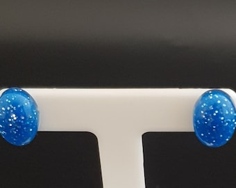 Handmade Oval resin Blue Glittery Stud Earrings