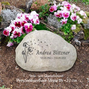 Könnte beinhalten: Ein glatter, hellgrauer Gedenkstein mit einer schwarzen Gravur eines Löwenzahns, dessen Samen im Wind verwehen. Der Stein ist mit dem Namen Andrea Blitzner und den Daten 02.01.1961 - 14.08.2025 in einer Serifenschrift graviert.