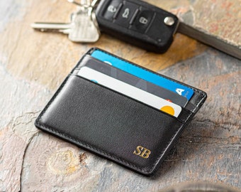 Porte-cartes en cuir, initiales personnalisées Slim Card Wallet, blocage RFID, minimaliste, design slimline