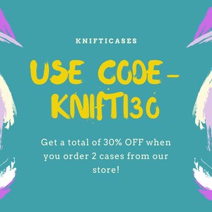 May include: A teal blue background with white text that reads "KNIFTICASES" and "USE CODE - KNIFT130". The text is in a yellow font. The text reads "Get a total of 30% OFF when you order 2 cases from our store!" in white text. The background is decorated with abstract brushstrokes in white, light purple, and cream.