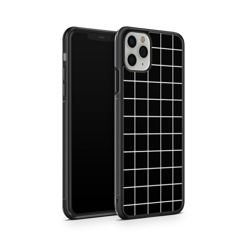 May include: Black phone case with a white grid pattern. The case has a cutout for the camera lens.