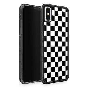 May include: Black and white chequered phone case for an iPhone X. The case is made of a hard plastic material and has a raised lip around the screen to protect it from scratches.
