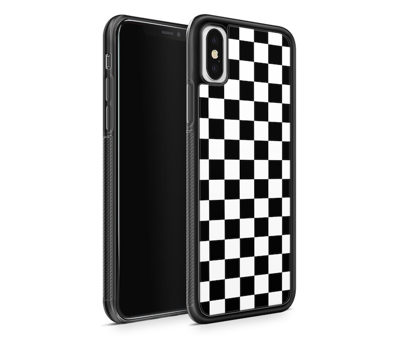 May include: Black and white chequered phone case for an iPhone X. The case is made of a hard plastic material and has a raised lip around the screen to protect it from scratches.