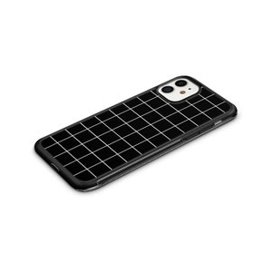 May include: Black phone case with a white grid pattern. The case has a clear back and a black border.
