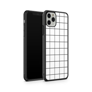 May include: Black phone case with a white grid pattern. The case has a raised camera bump.