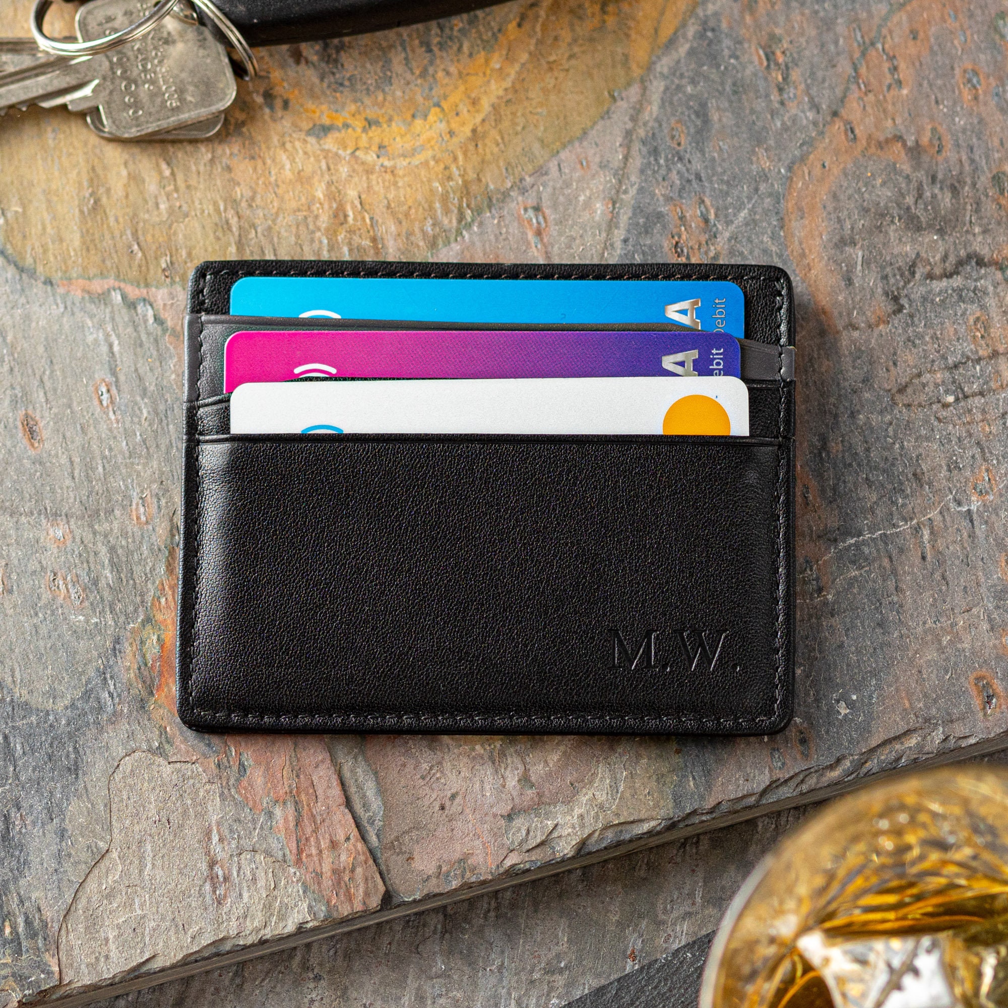 Leather Card Holder, Custom initials Slim Card Wallet, RFID Blocking, Minimalistic, Slimline Design