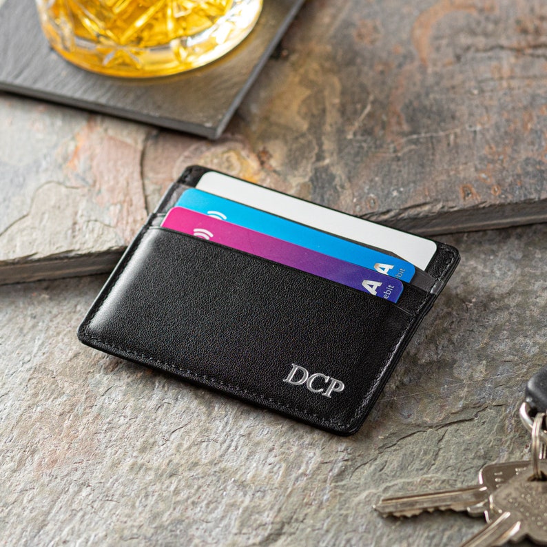 Leren kaarthouder, aangepaste initialen Slim Card Wallet, RFID-blokkering, minimalistisch, slank ontwerp afbeelding 4