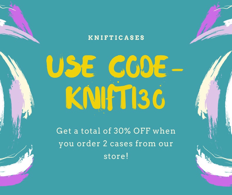 May include: A teal blue background with white text that reads "KNIFTICASES" and "USE CODE - KNIFT130". The text is in a yellow font. The text reads "Get a total of 30% OFF when you order 2 cases from our store!" in white text. The background is decorated with abstract brushstrokes in white, light purple, and cream.