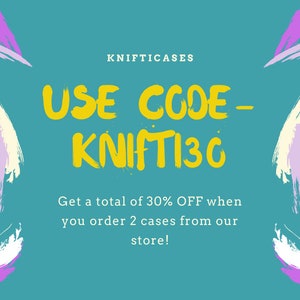 May include: A teal blue background with white text that reads "KNIFTICASES" and "USE CODE - KNIFT130". The text is in a yellow font. The text reads "Get a total of 30% OFF when you order 2 cases from our store!" in white text. The background is decorated with abstract brushstrokes in white, light purple, and cream.