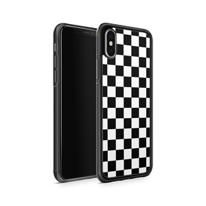 May include: Black and white chequered phone case for an iPhone. The case is made of clear plastic and has a black chequered pattern on the back.