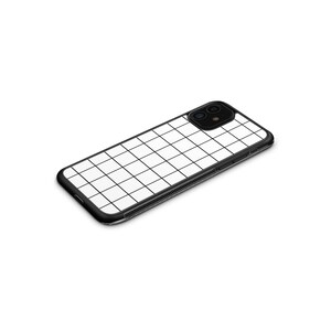 May include: Black phone case with a white grid pattern. The case has a raised camera bump with two lenses.