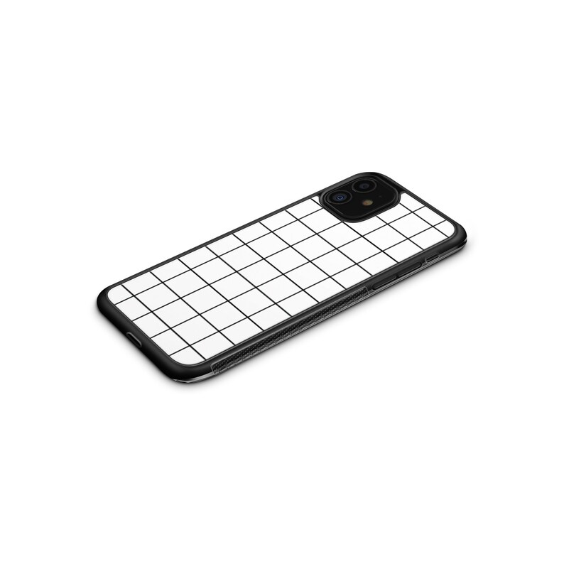 May include: Black phone case with a white grid pattern. The case has a raised camera bump with two lenses.