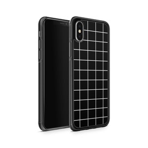 May include: A black phone case with a white grid pattern. The case has a cutout for the camera lens.