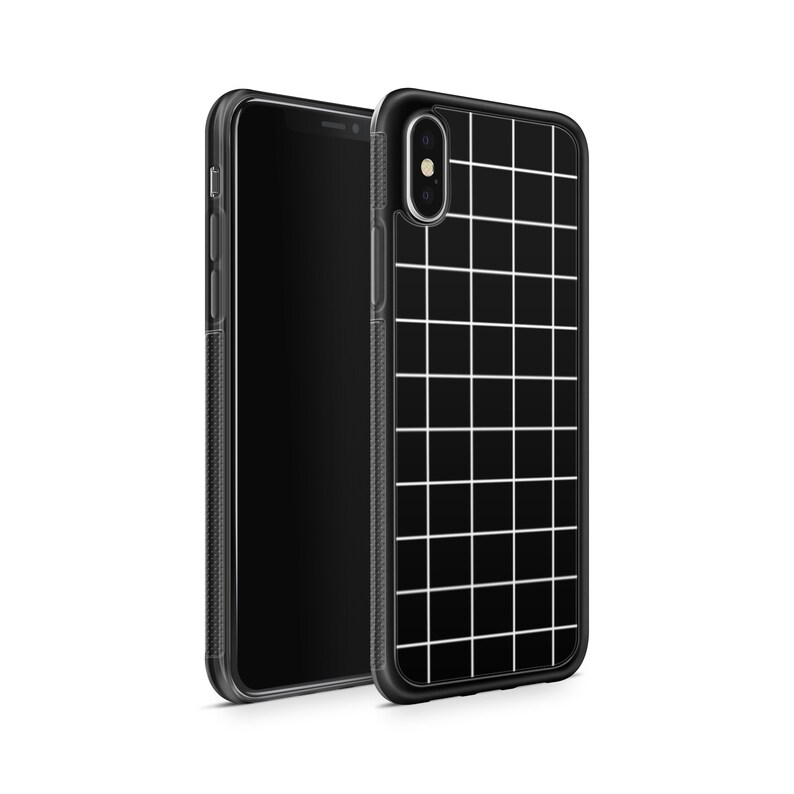 May include: A black phone case with a white grid pattern. The case has a cutout for the camera lens.