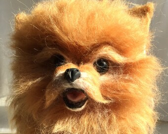 Needle Felted Wool Dog Sculptute Pomeranian Big Size/Handmade Animal/Pomeranian Portrait Framed/ Framed Felted wool pet/Dog/ Ready to adopt