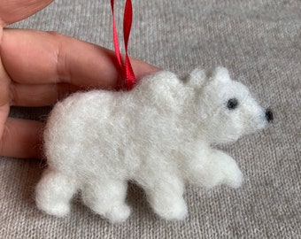 Handmade Needle Felted Polar Bear Ornament, Christmas Tree Ornament, Window Ornament, Felted Animal, Gift for Her,  Christmas ornament