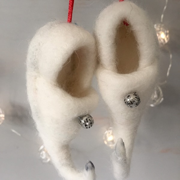 White Elf Shoes, Needle Felted Christmas Ornament Good look charm