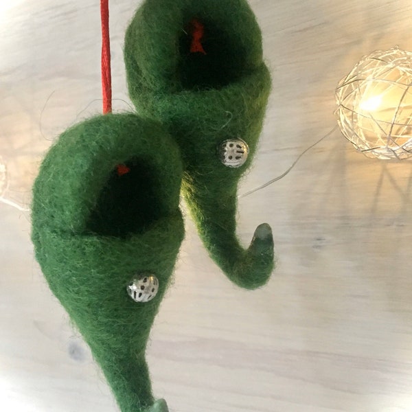 Green Elf Shoes, Needle Felted Christmas Tree Ornament Window Decoration Good Luck Charm