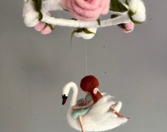 Handmade Nursery mobile Girl  riding White Swan Room hanging decoration Waldorf inspired Felted Baby Mobile Baby Crib Decor Baby Shower Gift