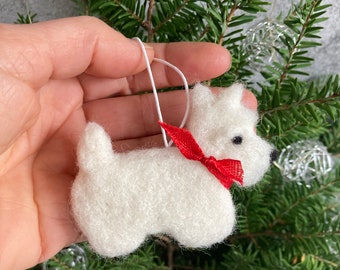 Needle Felted Westie Christmas Ornament: Handmade Wool Dog Decoration
