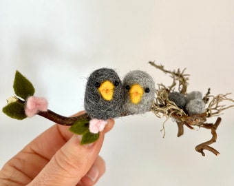 Handmade Needle Felted Birds Ornament, Birds on a Hazel Branch, Christmas Ornament,Easter Decoration, Gift for Her, Nursery Decor, Bird Nest