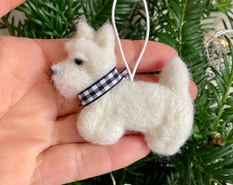 Needle Felted Westie Christmas Ornament: Miniature Dog with Gingham Bow