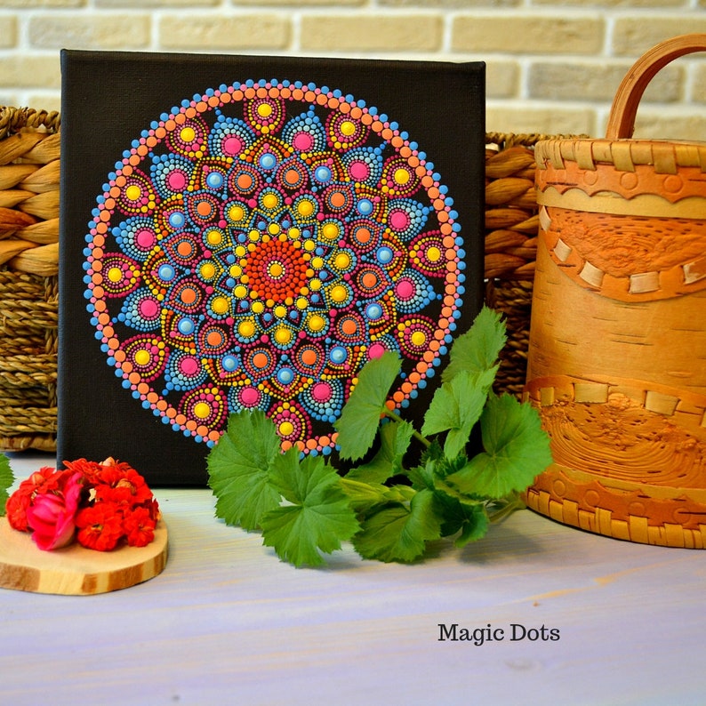 Mandala on Canvas Energy Mandala Mandala Dots Painting Hand Painted Acrylic Dot Sacred Geometry Spiritual Dot Art 8*8 inches