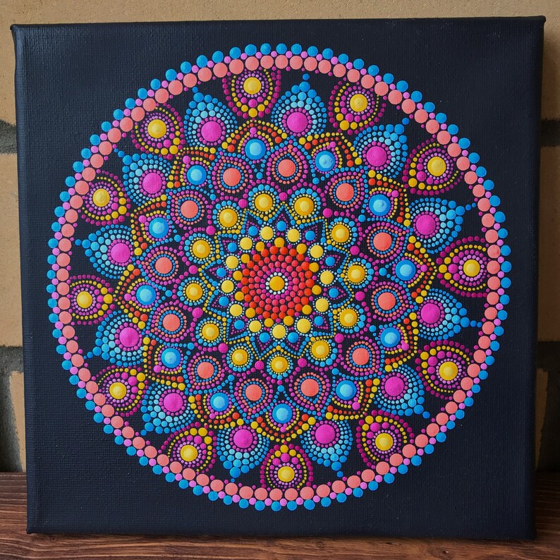 Mandala on Canvas Energy Mandala Mandala Dots Painting Hand Painted Acrylic Dot Sacred Geometry Spiritual Dot Art 8*8 inches