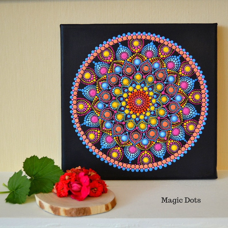 Mandala on Canvas Energy Mandala Mandala Dots Painting Hand Painted Acrylic Dot Sacred Geometry Spiritual Dot Art 8*8 inches