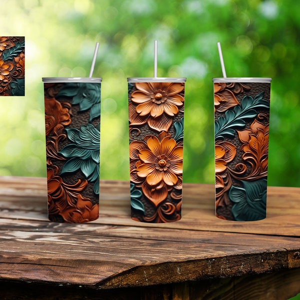 20 oz Skinny Tumbler Sublimation Design Digital Download PNG Instant DIGITAL, Tooled Leather Flower Design