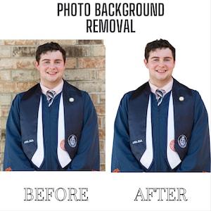 May include: Image comparison showing "BEFORE" and "AFTER" photo background removal. The "BEFORE" image shows a person in a graduation gown against a brick wall. The "AFTER" image shows the same person with a white background. Text at the top reads "PHOTO BACKGROUND REMOVAL".
