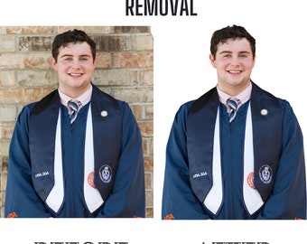 May include: Image comparison showing "BEFORE" and "AFTER" photo background removal. The "BEFORE" image shows a person in a graduation gown against a brick wall. The "AFTER" image shows the same person with a white background. Text at the top reads "PHOTO BACKGROUND REMOVAL".