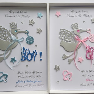 Gepersonaliseerde luxe handgemaakte ooievaar Baby Born / BabyGirl / BabyBoy-kaart met GESCHENKDOOS