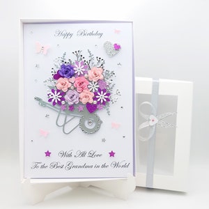 Handgefertigte personalisierte Luxus 3D Blumen Schubkarre Geburtstags- / Muttertagskarte mit GESCHENKBOX